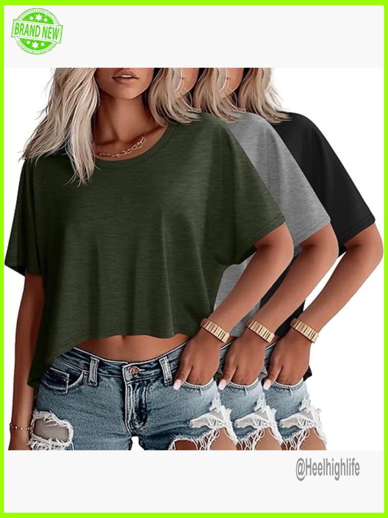 Oversized Cropped T-Shirts 3 Pack, Loose Fit Crew Neck Workout Tops